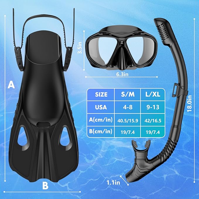 Snorkeling Gear for Adults Men Women, 3 in 1 Snorkel Set with Panoramic View Diving Mask Anti-Fog Anti-Leak, Snorkel Mask Dry Top Snorkel Fins for Swimming, Snorkeling and Travel Diving