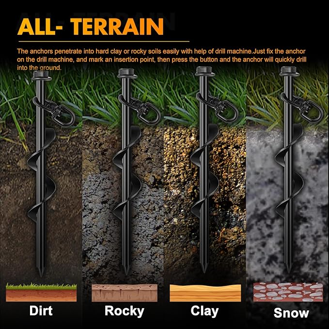 Hiboom Ground Anchor Screw Heavy Duty Earth Anchors Tent Stakes for High Wind with T Handle Hex Wrench Trampoline Hook Ground Stakes for Camping Canopies Car Ports Sheds