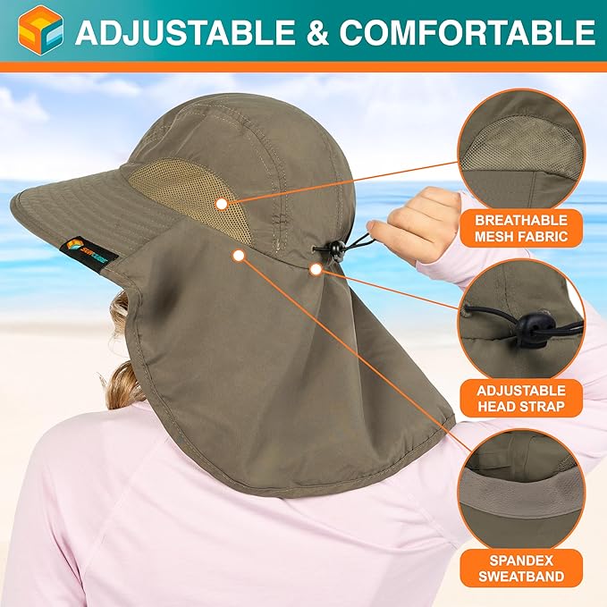 SUN CUBE Wide Brim Sun Hat with Neck Flap, UPF50+ Hiking Safari Fishing Hat for Men Women, Sun Protection Beach Hat