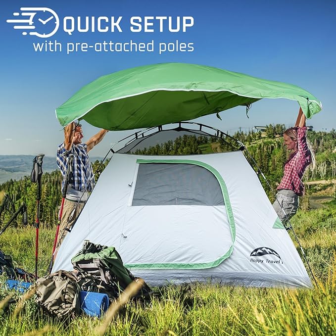 Happy Travel Camping Tent, 4/6 Person Dome Tents for Camping with Rainfly, Waterproof Clip Easy Setup Portable Family Tent with Mesh Windows, 20% More Headroom Backpacking Tents for Camping & Hiking