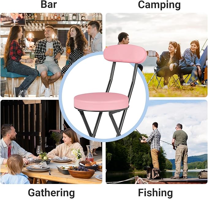 Cushioned Padded Folding Stools, Folding Bar Stool with Backrest, 220lb Capacity, 19 Inch Collapsible Round Portable Foldable Chair for Outdoor Indoor Kitchen Camping Fishing(Pink, 2 Pack)