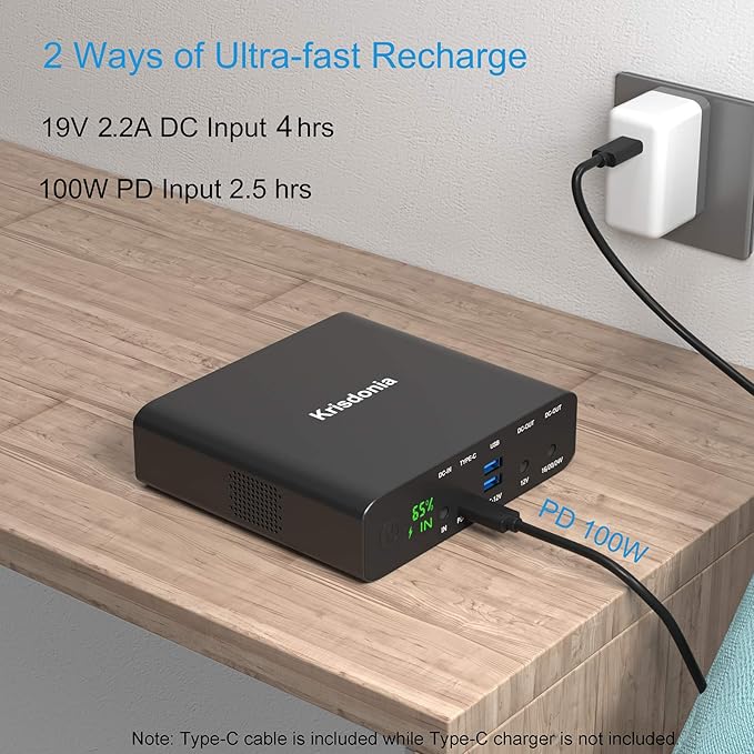 Krisdonia Portable Laptop Charger 32000mAh 100W PD Power Bank, External Battery Pack with 1 USB-C PD3.0 Port, 2 DC Ports, 2 USB QC3.0 Ports for Laptops, Tablets, Smartphones and Other Devices