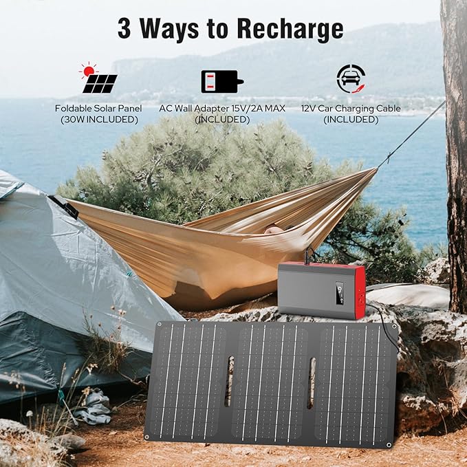 Portable Solar Power Bank with AC Outlet 65W 110V External Battery Pack, 24000mAh Portable Laptop Charger with Foldable Solar Panel 30W for Outdoor Smart Device Camping Hiking Trip Off Grid Backup
