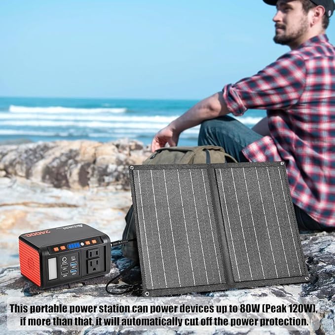 Takki 120W Peak Solar Generator Portable Power Station with 21W Panels, 88Wh Solar Charger Power Bank AC DC USB Ports for Camping Tent Laptop Outdoor Emergency Home Use