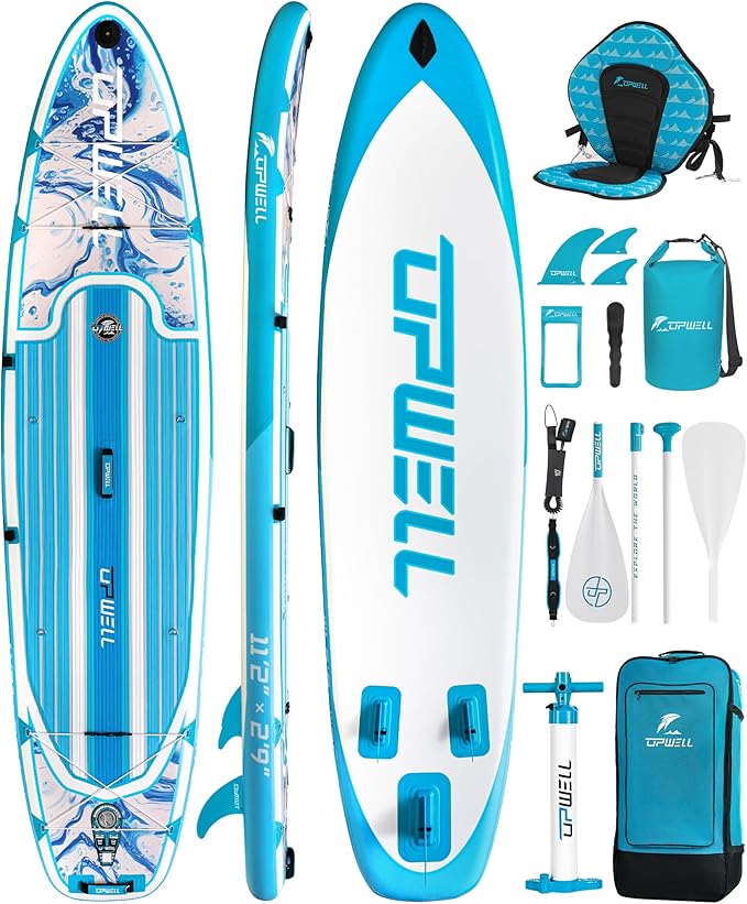 UPWELL 11’6”/11'2”/11'/10'8”/10'6”/10'2” Inflatable Stand Up Paddle Board with sup Accessories Including Backpack, Repairing Kits, Non-Slip Deck, Leash, 3 Fins, Paddle and Hand Pump