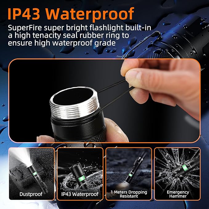 SuperFire 1000-Lumen Tactical Flashlight - Rechargeable, Zoomable LED Flashlight with 5 Modes, Pocket-Sized (2-Pack) for Camping & Emergency