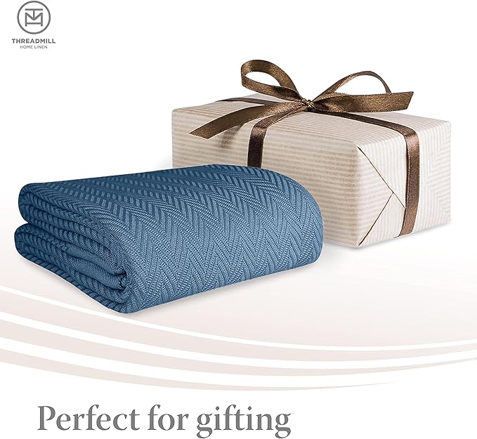 Threadmill Luxury Cotton Blankets for Queen Size Bed | All-Season 100% Cotton Queen Size Blanket | Herringbone Soft Breathable Fall Thermal Blanket fits Full Size Bed | Folkstone Blue