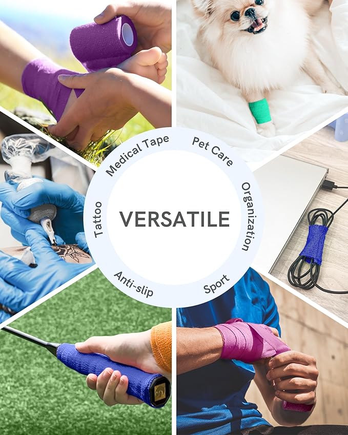 FriCARE Self Adhesive Bandage Wrap, Medical Tape in First Aid Kit, Cohesive Bandages for Wounds Sport Vet, 2 Inches X 5 Yards 12 Rolls, Energetic