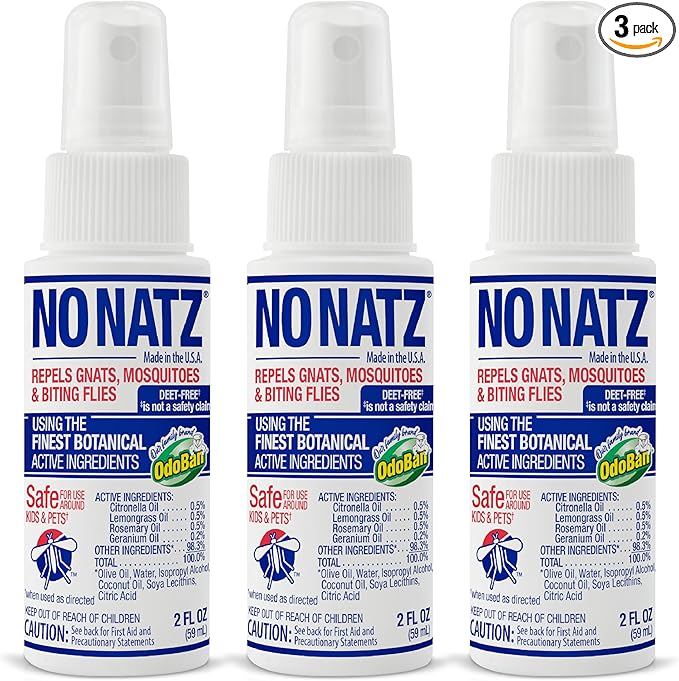 No Natz Botanical Bug Repellent, Effective for Gnat, Mosquito, and Biting Flies, Hand-Crafted and DEET-Free, Non-Greasy Formula, Made in The USA, 2 Ounce Spray Bottle, 3-Pack