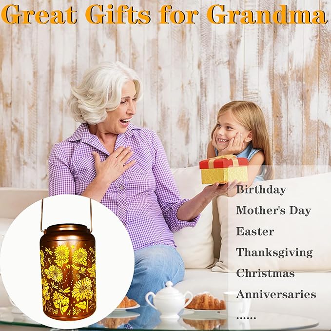 Solar Lanterns for Outside,Sunflower and Dragonfly Garden Decor Lights,Waterproof Solar Powered Hanging Lantern for Patio,Yard,Porch, Birthday Gifts for Women,Mom,Grandma,Housewarming