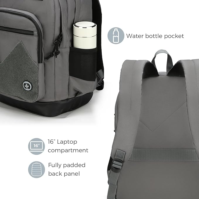 Swissdigital Design Big Student Laptop Backpack with Fun Personalized Patches For College Boys & Girls, Middle High School Teen Bookbag Cool Travel Daypack Grey- Includes 3 Patches | SD1718-03