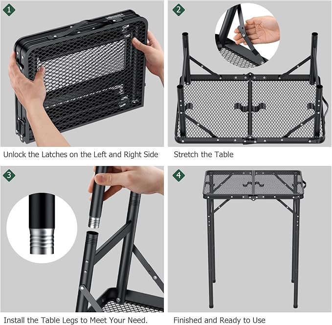 JiGiU Folding Grill Table with Mesh Desktop Lightweight & Portable Camping Table Outdoor Grill Tables Aluminum Alloy Foldable Grill Table 3 Height Adjustable for Camping Picnic Cooking BBQ