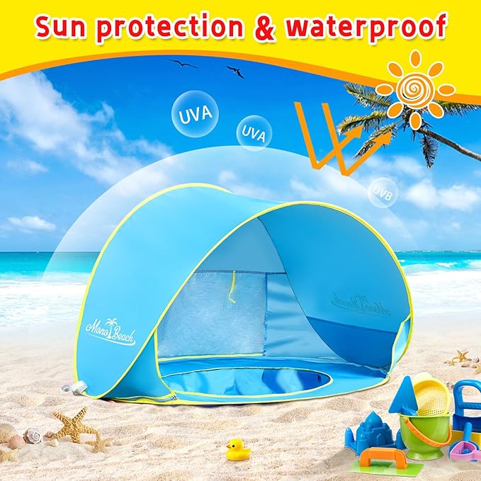 Monobeach Baby Beach Tent with Sun Hat Pop Up Portable Shade Pool UPF50+ UV Protection Sun Shelter for Infant with Easy Set Up Canopy (Blue)