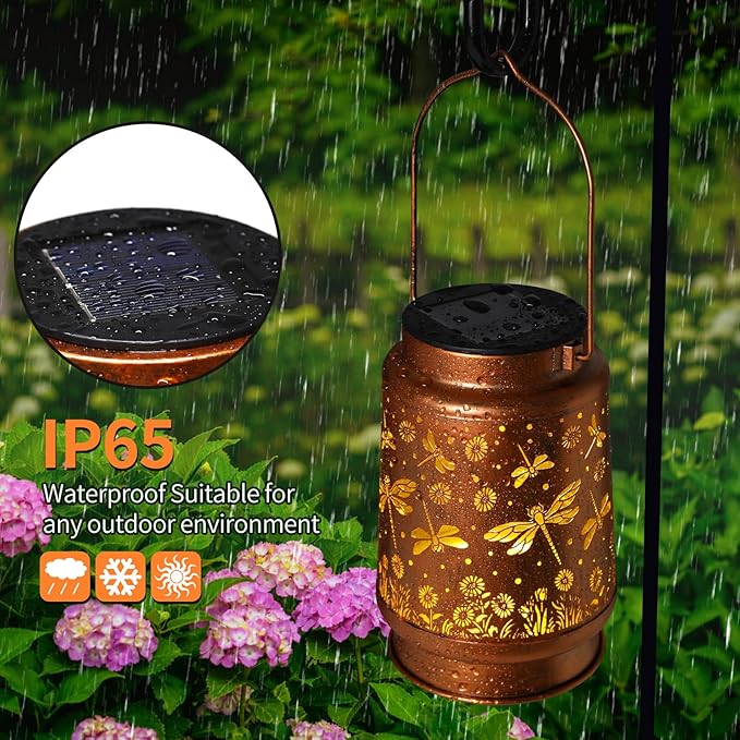 2 Pack Dragonfly Solar Lanterns Outdoor Waterproof Rose Garden Decor Gifts for Women Mom Grandma Hanging Solar Lights Metal Lantern Decoration Outside for Yard,Patio,Backyard,Porch