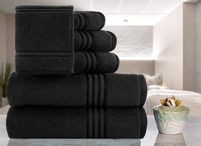 CASA COPENHAGEN Zero Twist 6Pcs 100% Egyptian Cotton Large Designer Towels Gift Set- Dark Black, 600 GSM, 2Bath 2Hand 2Washcloths, Bath Towels for Bathroom Set for Women & Men