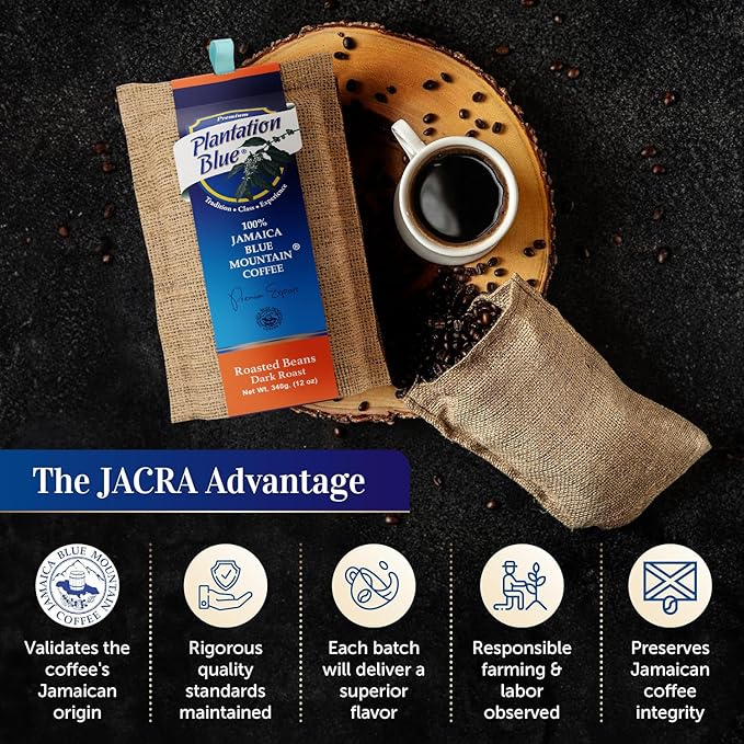 Plantation Blue 100% Blue Mountain Coffee, Dark Roast, Whole Bean, Premium Jamaican Coffee, 12oz