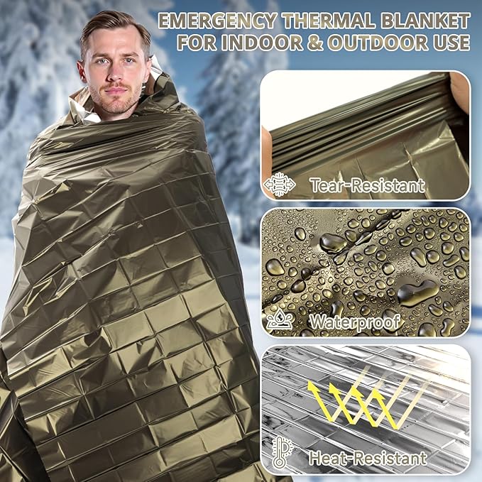 SecuCaptain Survival Emergency Thermal Blankets: Extra Large 84” x63” Space Mylar Blanket Kit for Outdoor Cold Winter Camping Hiking Car Bug Out Bag or First Aid - 4 Pack Amygreen