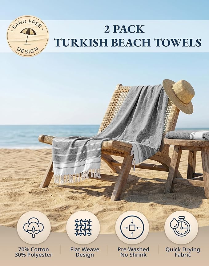 LANE LINEN Beach Towel, 2 Pack Beach Towels Oversized, 39"x71", Quick Dry Pool Towels for Adults, Absorbent Sandproof, Lightweight Travel Beach Towel - Ebony