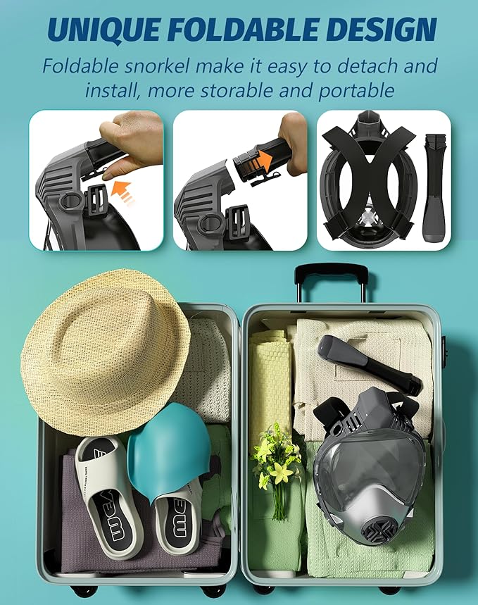 Full Face Snorkel Mask- Snorkeling Gear for Adults with Safe Dry Top Breathing System, Latest Foldable Panoramic View Snorkeling Mask for Men and Women, Anti Fog Anti Leak