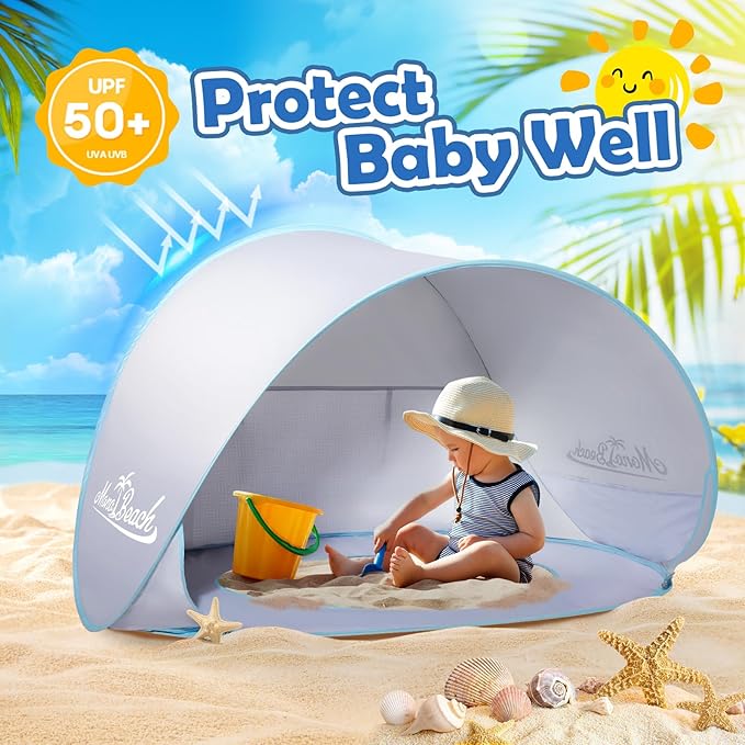 Monobeach Baby Beach Tent Pop Up Portable Shade Pool UPF50+ UV Protection Sun Shelter for Infant with Easy Set Up Canopy (Silver Beach Tent)