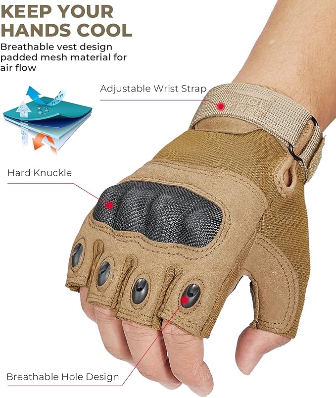 KEMIMOTO Fingerless Tactical Gloves for Men, Motorcycle Gloves for Outdoor Work Sports, Fingerless Cycling Gloves for Hunting Hiking Camping