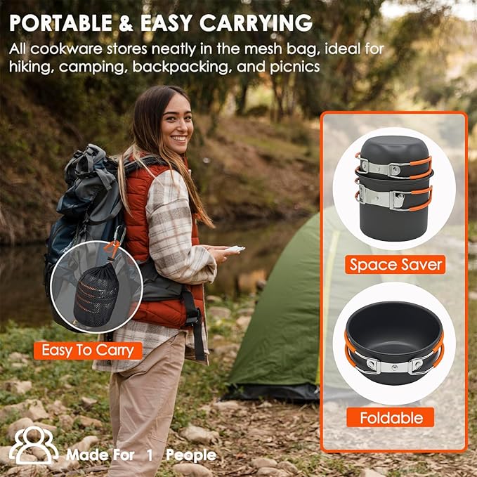 10Pcs Camping Cookware Mess Kit - 1.2L & 0.6L Camping Pots with Stove, Forks Knives Spoons, Sierra Cup, Canister Stand and 16Oz Stainless Steel Cup for Backpacking, Hiking, Outdoor Cooking
