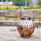 Outdoor Solar Hanging Lantern Lights Metal LED Decorative Lamp for Garden Patio Courtyard Lawn and Table with Hollowed-Out Design (Bronze Butterfly)