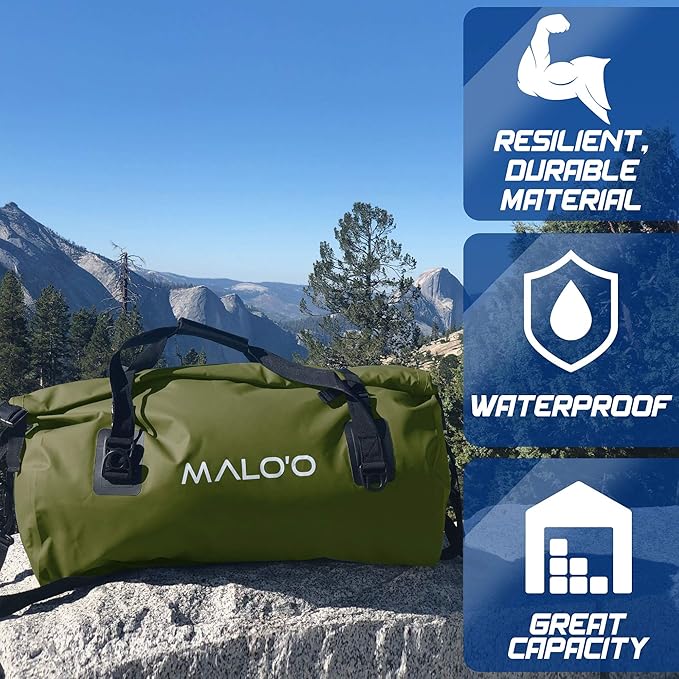 Malo’o Waterproof Dry Duffel, Heavy-Duty Roll Top Waterproof Gear Bag with Shoulder Strap & Molle Loops, Marine Duffel for Kayaking, Boating, Camping, Beach & Travel, Dark Green, 60L