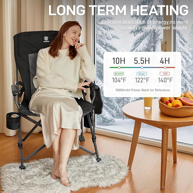 EVER ADVANCED Heated Oversized Foldable Camping Chair for Adults with Adjustable Lumbar Support, Heavy Duty Chair with Side Pockets, Heated Portable Collapsible Quad Chair for Outside, Support 500lbs