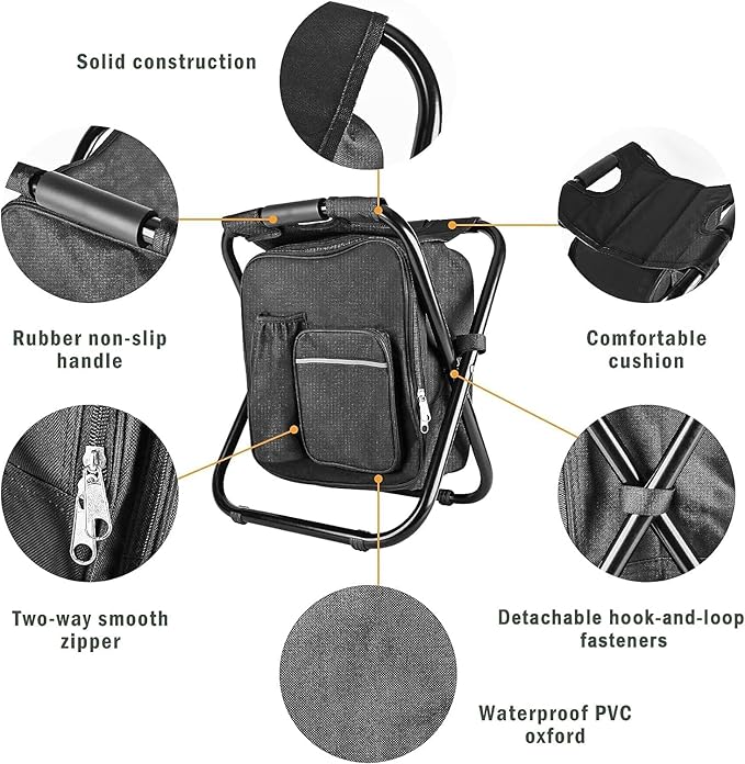 Kikerike Backpack Stool Cooler Chair Heavy Duty 400 LBS Max Load Portable Lightweight Folding Fishing Cooler for Camping Hunting Fishing - Black