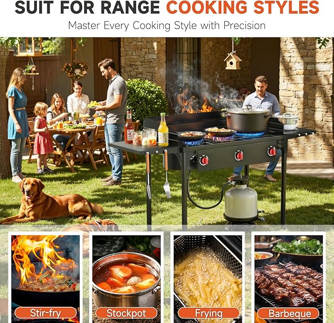 3 Burner Propane Burner, 225,000 BTU High Pressure Propane Stove with Windscreen ＆ Side Shelves, Outdoor Propane Gas Stove with 0-20 PSI Regulator for Camping, Backyard, Outdoor Cooking