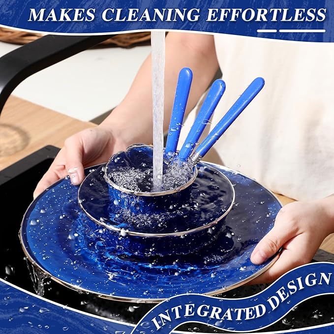 Nuogo 24 Pcs Enamel Camping Tableware Includes 12 oz Coffee Mugs 10.5 Inch Camping Plates 6 Inch Bowls and Utensils Set Includes Knife Fork Spoon for Outdoor RV (Blue)