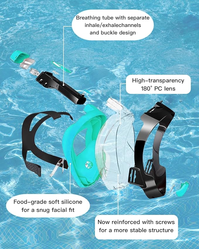 Full Face Snorkel Mask for Adults with Dry Top System 180 Degree Panoramic View Snorkeling Gear with Camera Mount Safe Breathing Anti-Leak Anti-Fog