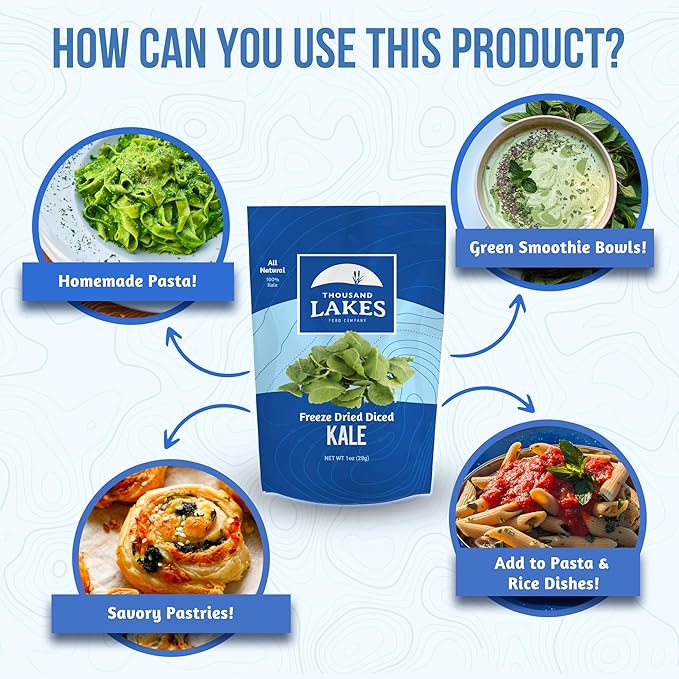 Thousand Lakes Freeze Dried Vegetables - Diced Kale 2-pack 1 ounce (2 ounces total) | 100% Kale Flakes | No Salt Added