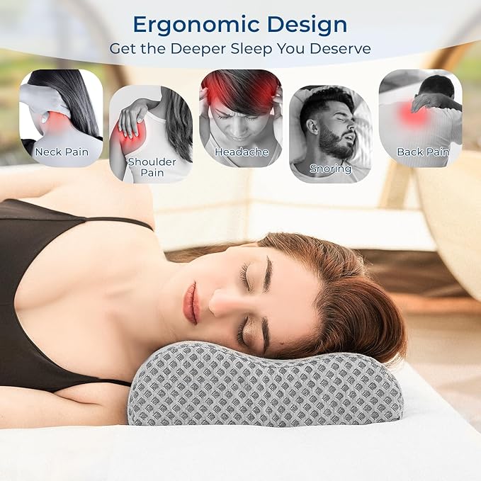 Travel Pillow Memory Foam Pillows, Ergonomic Wave Cervical Neck Pillow for Neck Pain Relief, Compressible Medium Firm Side Sleeper Pillow, Ideal for Camping, Office, Home & Bed (Light Grey, L)