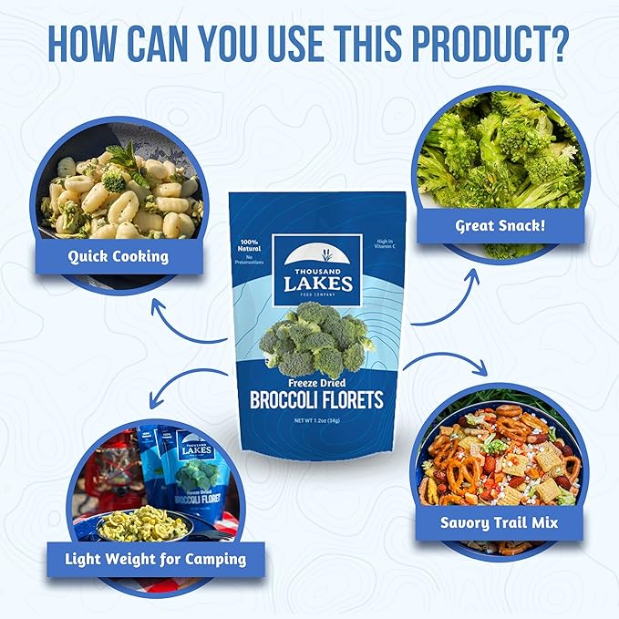 Thousand Lakes Freeze Dried Vegetables - Broccoli Florets - Bulk 5 ounces | 100% Florets - No Stems | No Salt Added