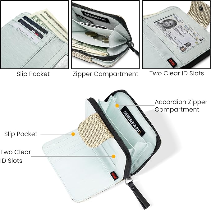 Sherpani Barcelona AT, Small Nylon Bifold Zipper Pocket Wallet, Travel Bag for Men Women, RFID Protection, Unisex Travel Gift (Aloe Mist)