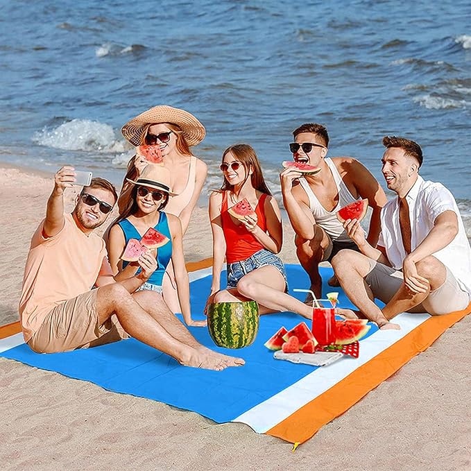 Large Beach Blanket Oversized Beach Mat Intimate Choice of Beach Accessories for Outdoor Travel Camping Hiking Good Gift (L-BlueWhiteOrange)