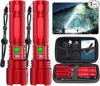 Rechargeable Flashlights High Lumens - 1500 Meters Long Beam Super Bright LED Flash Light with Power Display & IPX5 Waterproof for Camping, 20H Runtime,5 Modes,Zoomable Handheld Flashlight -2pcs Red