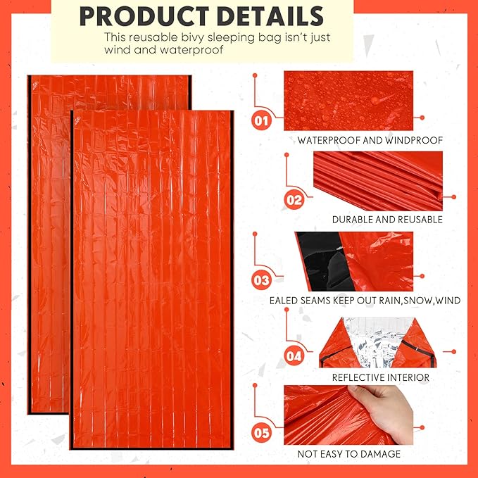 Qunclay 24 Set Emergency Sleeping Bag Survival Bivvy Sack Blanket with Whistles Lightweight Portable Thermal Survival Bag Thick with Hood Extension Nylon Stuff Sack for Camping Hiking Outdoor