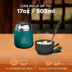 ENERGIFY Vacuum Insulated Food Jar. Large 17oz Bowl incl. Folding Spoon, Cup. Wide Mouth Keep Hot & Cold Drinks Soup Lunch Container for Adults. BPA-Free Stainless Steel, Leak Proof Olive Green