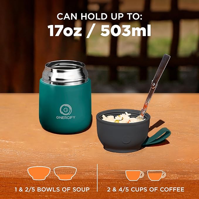 ENERGIFY Vacuum Insulated Food Jar. Large 17oz Bowl incl. Folding Spoon, Cup. Wide Mouth Keep Hot & Cold Drinks Soup Lunch Container for Adults. BPA-Free Stainless Steel, Leak Proof Olive Green