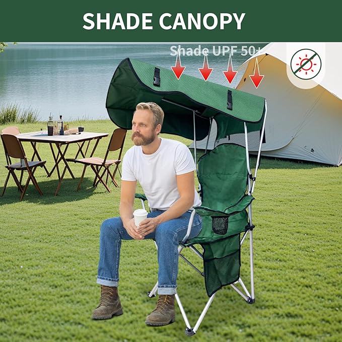 Portable Camping Chair with Canopy Shade- Folding Camping Lounge Chair with Cup Holder & Side Pocket for Outdoor Camping, Fishing, Beach - Support 330 LBS (Green)