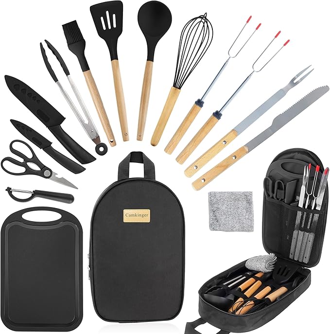 Camping Accessories Kitchen Cooking Utensils Set - Portable Outdoor Camp Cookware Set, Silicone Camper Essentials Gear Must Have Supplies for Travel RV BBQ Grill Picnic Hiking