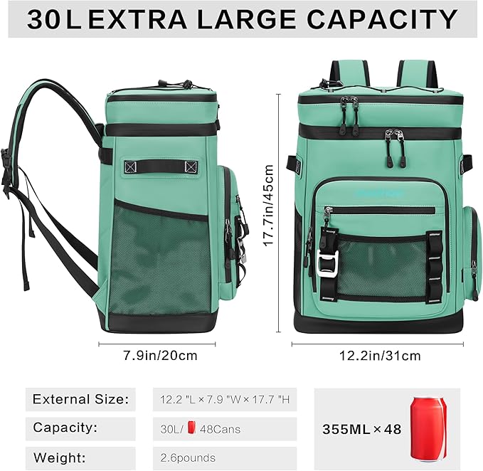 Large Waterproof Insulated Cooler Backpack for Men & Women, Leak Proof Cooler Backpack for Camping, Beach, Fishing, Picnic, Travel, Outdoor, 30L, 48Cans