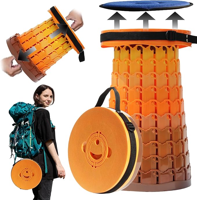 Upgraded XXL Collapsible Stool with Cushion,19.7"H-11.8"D Telescoping Folding Stool for Adults,More Sturdy Portable Camping Stools with Load Capacity 1000lbs for Outdoor,Garden,Fishing,Hiking