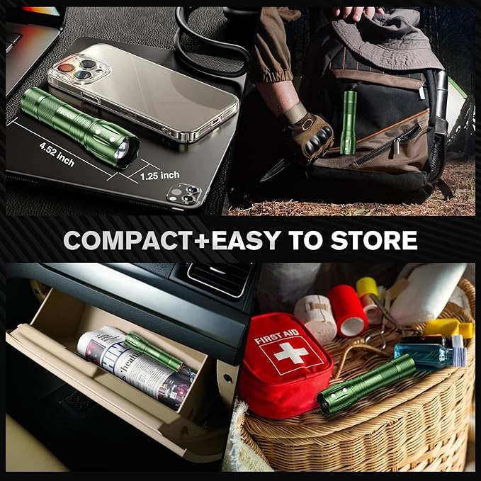 RECHOO LED Flashlight 2 Pack Green, Tactical Flashlights High Lumens with 3 Modes, Pocket Small Flash Light, Waterproof Zoomable Flashlights for Home Emergency, Camping Essentials (Battery Included)