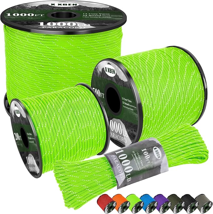 X XBEN Paracord Reflective 1000lb, 50/100/200/500/1000ft 4mm, 13 Strand Parachute Spool Cord, Survival Rope for Camping, Fishing, Hiking, Tent, Clothesline, DIY Crafts & Survival Bracelet, Neon Green