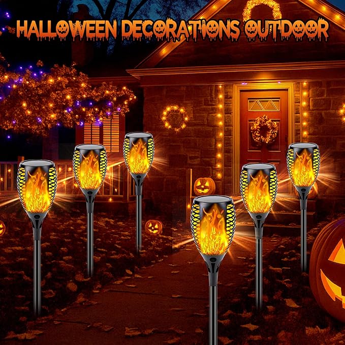 Upgraded Solar Lights Outdoor, 6 Pack Flickering Flame Solar Torch Lights with Super Larger Size for Halloween Decor, Solar Halloween Lights Waterproof Solar Powered Outdoor Lights for Garden Pathway