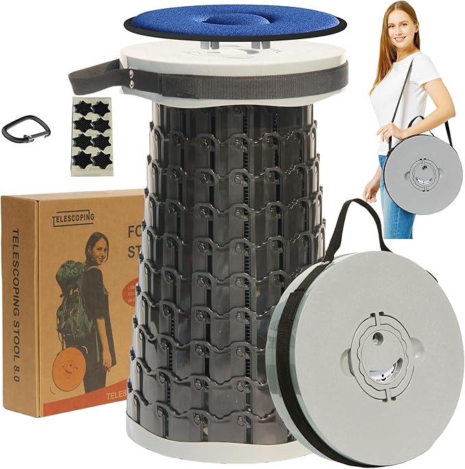 ALEVMOOM 2025 Upgraded XXL 19.7" Collapsible Stool with Cushion, 1000lbs Max Weight Heavy Duty Portable Telescoping Stool, Retractable Seat Folding Chair for Camping Fishing Hiking(Grey-XXL)